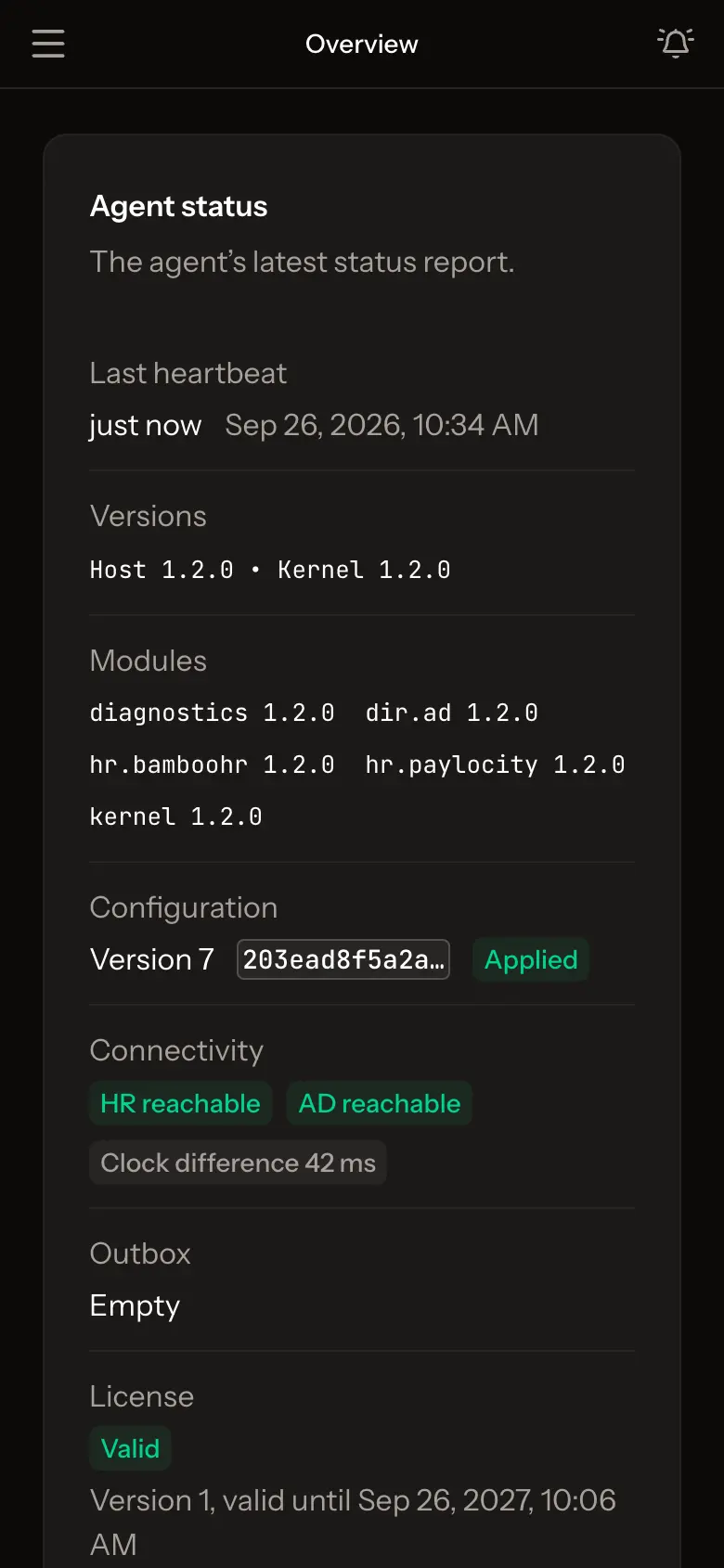 A screenshot of the ezOnboard portal on a phone showing the agent’s status: a heartbeat just now, configuration version 7 applied, HR and Active Directory reachable, and a valid license.