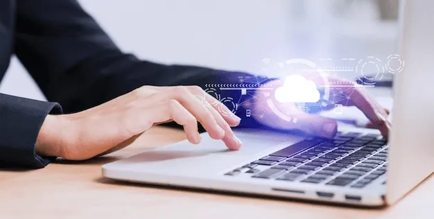 a person using a laptop and hologram icons of integration