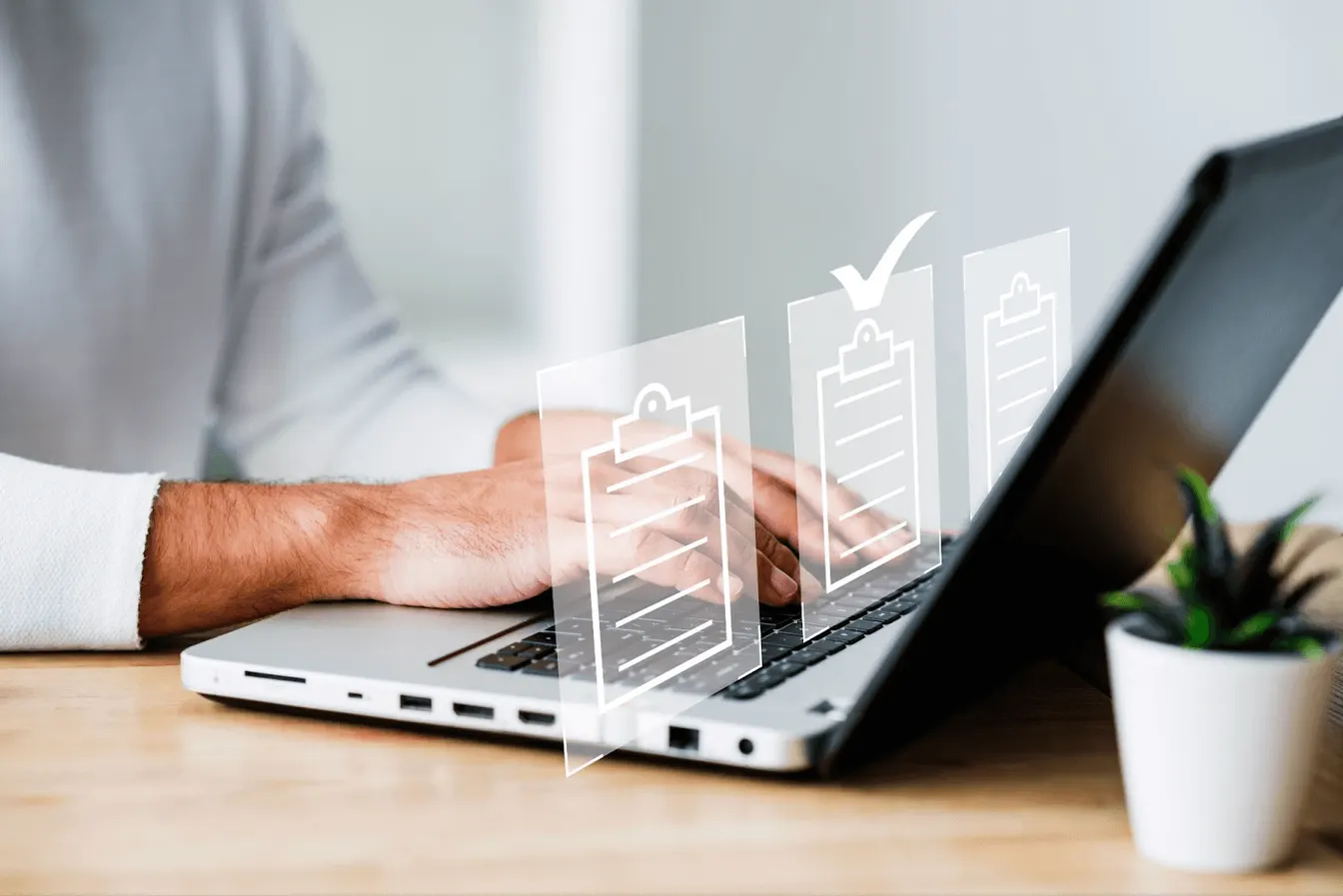 person using a laptop and checklist icons