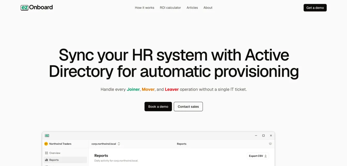 The ezOnboard home page, “Sync your HR system with Active Directory for automatic provisioning,” above its reports screen