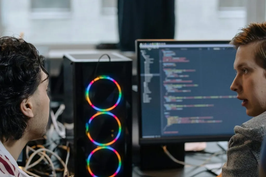 Two colleagues looking at a computer